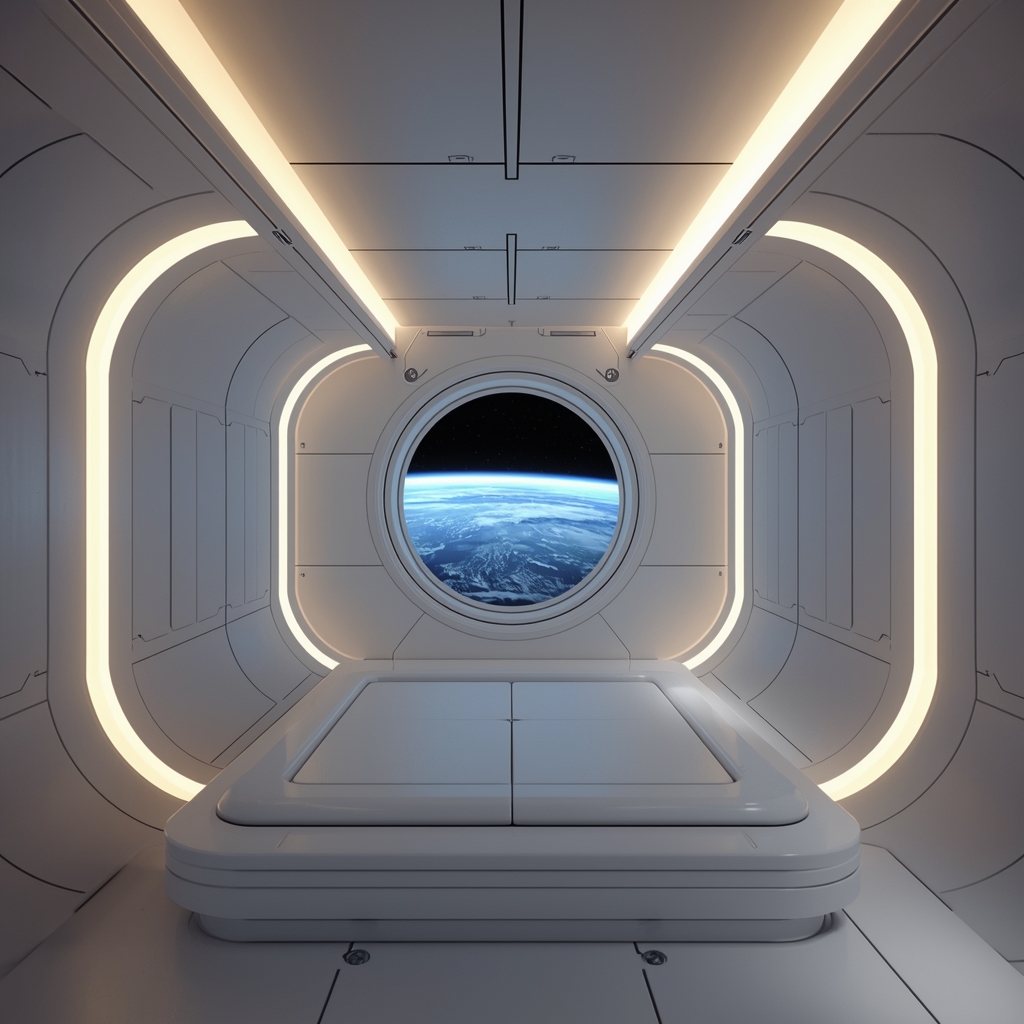 A minimalist, high-end private suite on a space station. Clean lines, glowing smart lighting, and a view of Earth from low orbit. No people, no women. Sleek tech, premium materials. 8k resolution.